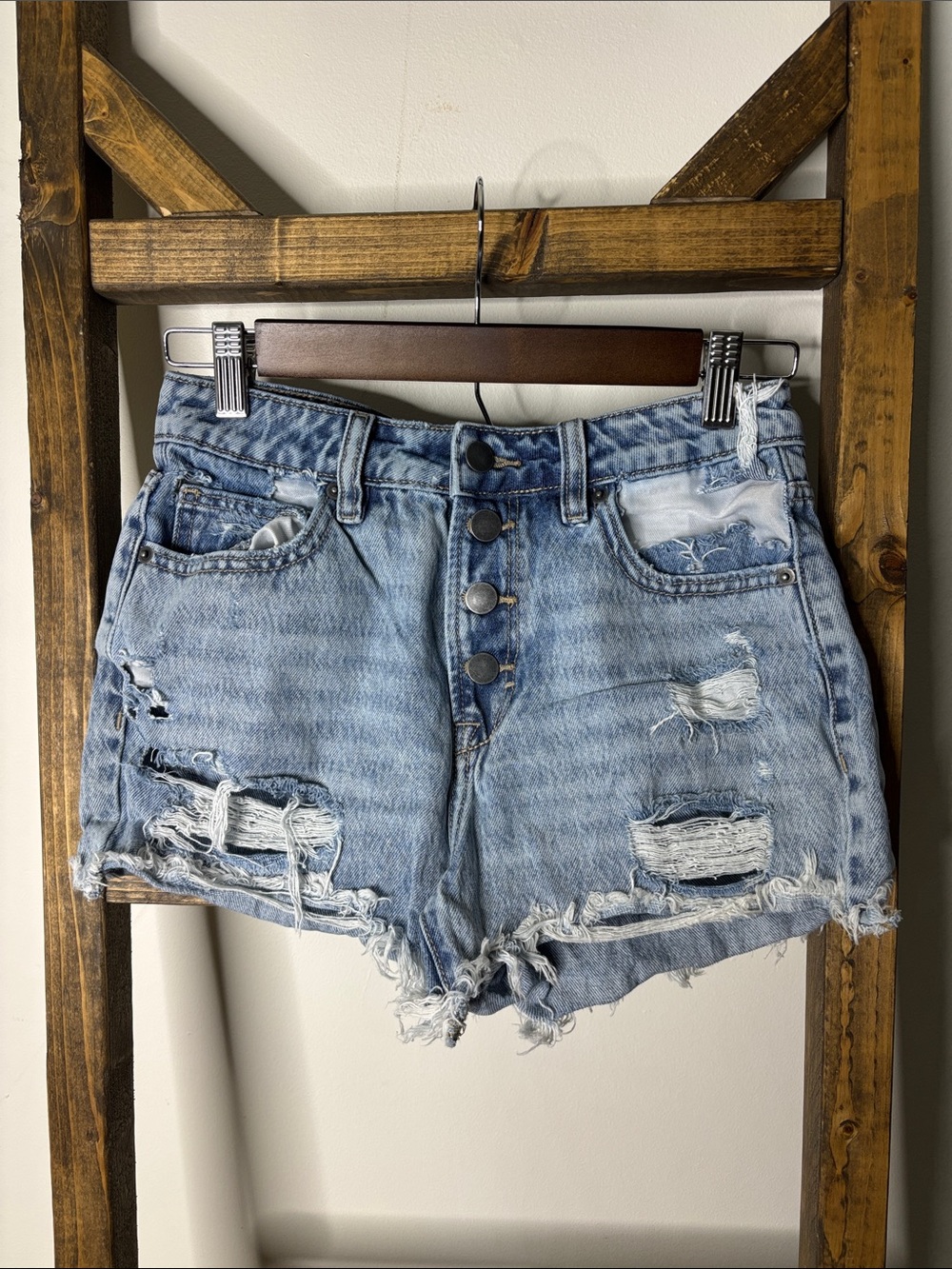 Altar'd State Light Wash Distressed High-Rise Button-Up Jean Shorts Size 24